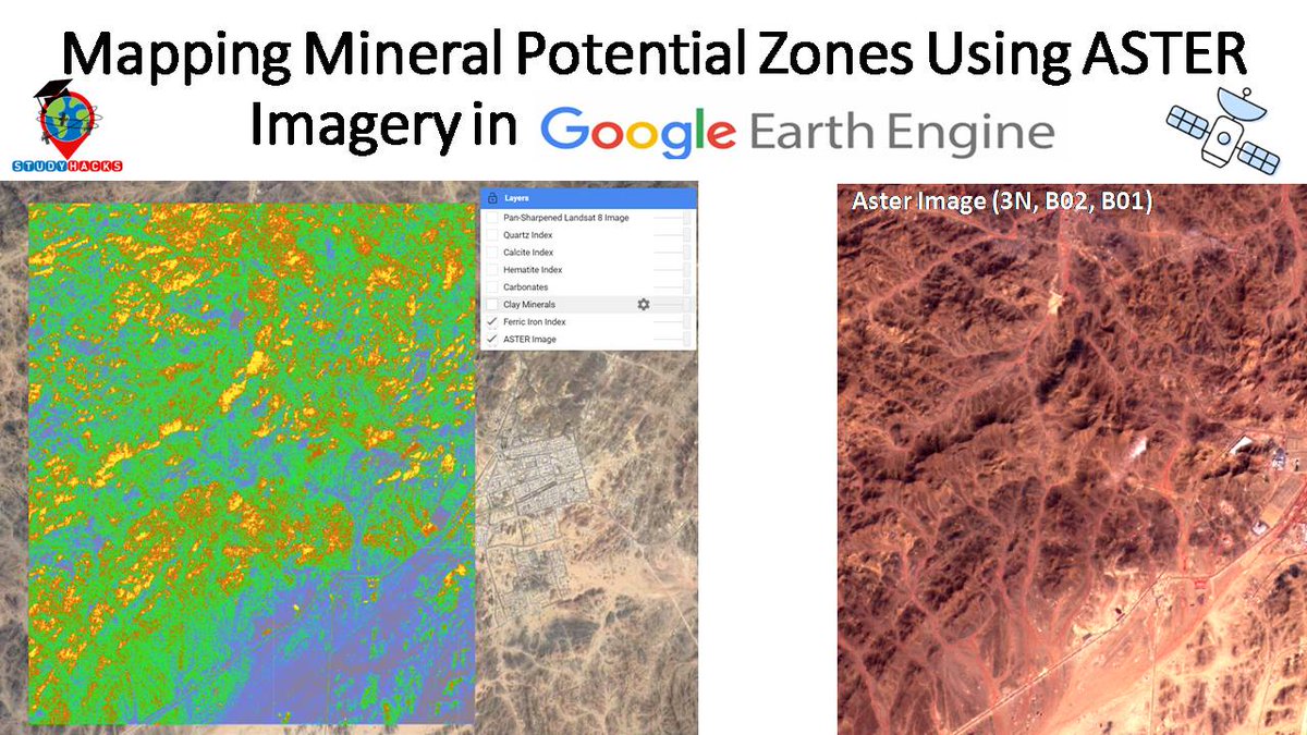Mapping #minerals potential zones using #hyperspectral imagery in Google Earth Engine (GEE) involves leveraging the rich spectral information that hyperspectral sensors like #ASTER, #PRISMA, #AVIRIS, or #Hyperion provide. 
Tutorial Link: youtu.be/Jo-dM4Cc4j0?si…
#remotesensing