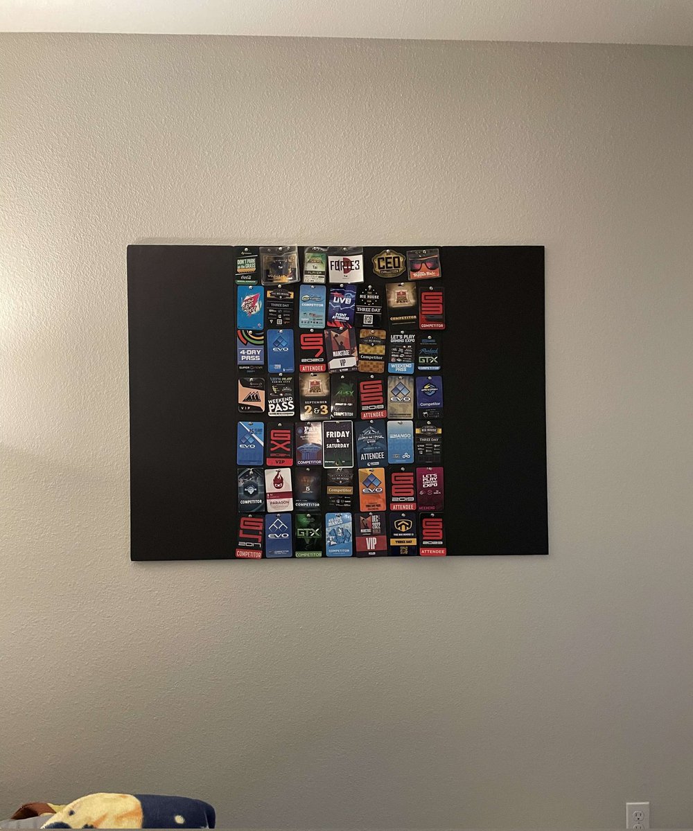 I've kept most of my tourney lanyards over the years in a box and always wanted to figure out a way of displaying them in a way that didn't look awful 

So <a href="/charmizelle/">|CHAR|</a> surprised me with this for my bday ♥️

Still have a few that we didn't pin up yet, but dang I've been to a lot