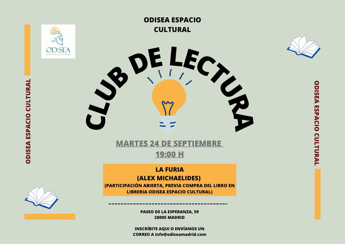 Reanudamos la actividad de nuestro club de lectura. 
24 de septiembre, 19:00 h, conversaremos sobre la novela negra de Alex Michaelides La furia (Alfaguara). 
Te esperamos en nuestra librería del Paseo de la Esperanza 59, Madrid. 
Inscripción: 622 40 39 68 / info@odiseamadrid.com
