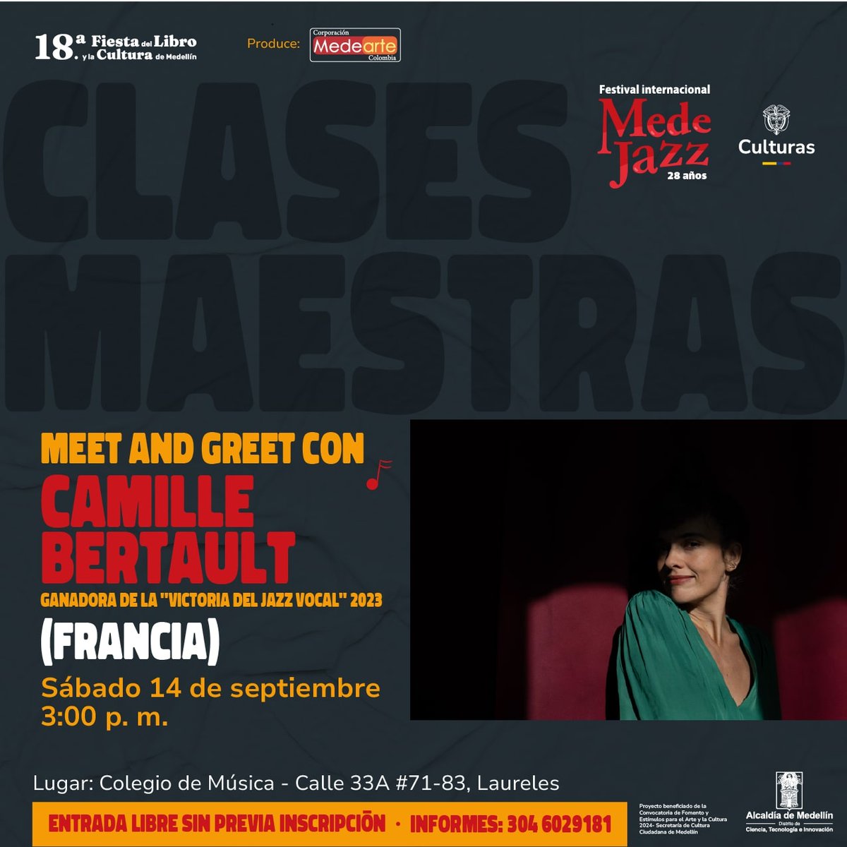 🎻🥁 Hoy finaliza el #MedeJazz2024 y lo haremos con broche de oro con estos talentosos grupos locales e internacionales, no te pierdas esta gran cita que nos unió una semana en torno a esta grandioso género musical 🎻🥁, TE ESPERAMOS 

<a href="/mincultura/">MinCultura Colombia</a> <a href="/AlcaldiadeMed/">Alcaldía de Medellín</a> <a href="/FiestaLibro/">Fiesta del Libro</a>