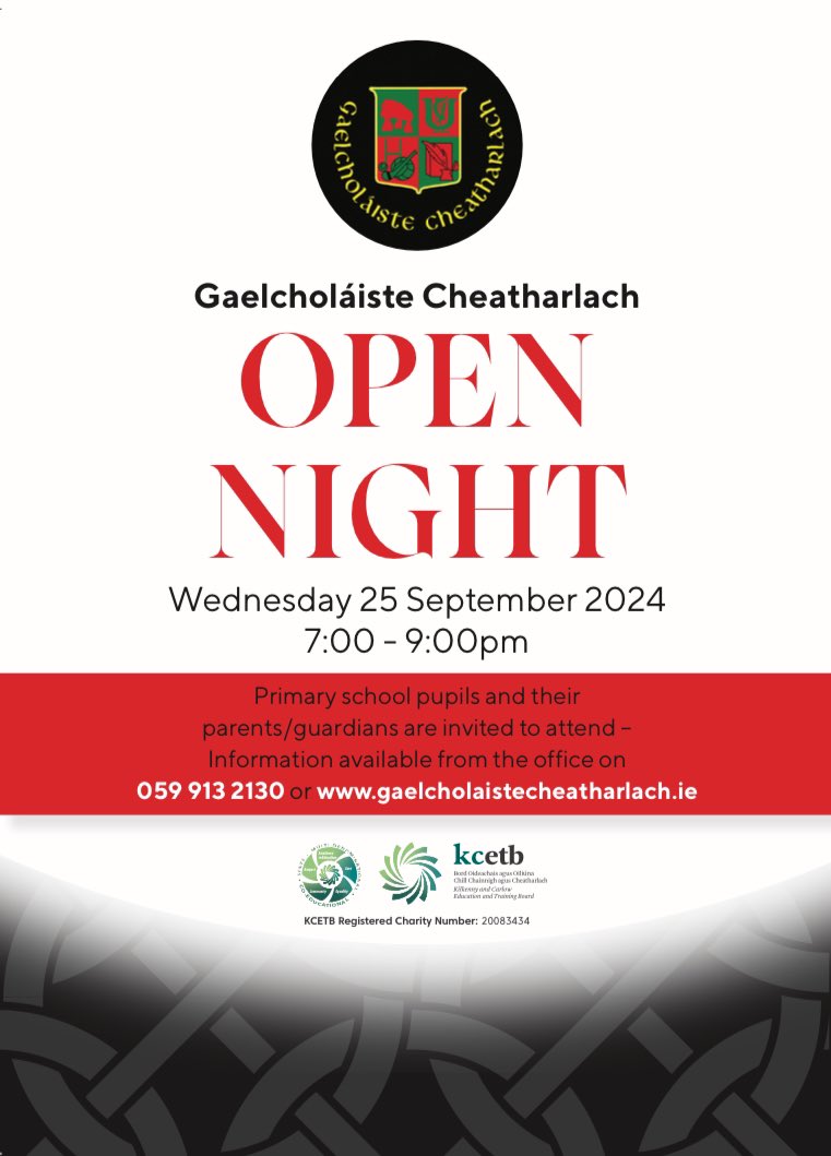 Gaelcholáiste CW (@gcccw1) on Twitter photo Ag súil go mór lenár oíche oscailte ar an 25ú Meán Fómhair! Really looking forward to our open night on Wednesday 25th September. Scaipigí an scéal - Spread the word! <a href="/KCETB/">Kilkenny and Carlow ETB (KCETB)</a> <a href="/Gaeloid/">Gaeloideachas</a> <a href="/CoggOid/">COGG Oideachas</a> Ag súil go mór lenár oíche oscailte ar an 25ú Meán Fómhair! Really looking forward to our open night on Wednesday 25th September. Scaipigí an scéal - Spread the word! <a href="/KCETB/">Kilkenny and Carlow ETB (KCETB)</a> <a href="/Gaeloid/">Gaeloideachas</a> <a href="/CoggOid/">COGG Oideachas</a>