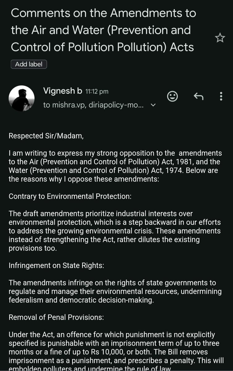விக்னேசு🎙️ (@vigneshkalai32) on Twitter photo I have mailed and sent my opinions to the proposed amendments to Air and Water Acts.
Have a read at the analysis from <a href="/NTKEnvWing/">NTK சுற்றுச்சூழல் பாசறை - NTK Environmental Wing</a> and send a mail at ease by clicking tinyurl.com/airnwateract I have mailed and sent my opinions to the proposed amendments to Air and Water Acts.
Have a read at the analysis from <a href="/NTKEnvWing/">NTK சுற்றுச்சூழல் பாசறை - NTK Environmental Wing</a> and send a mail at ease by clicking tinyurl.com/airnwateract