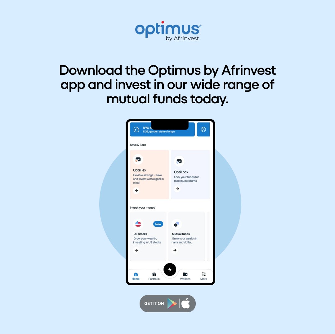 PlutusNeo's tweet photo. With our expertly managed mutual funds, you can relax and let your money do the hard work.
So what are you waiting for?
Download the Optimus by Afrinvest app and select from our range of mutual fund today. https://t.co/roUEtrHquA