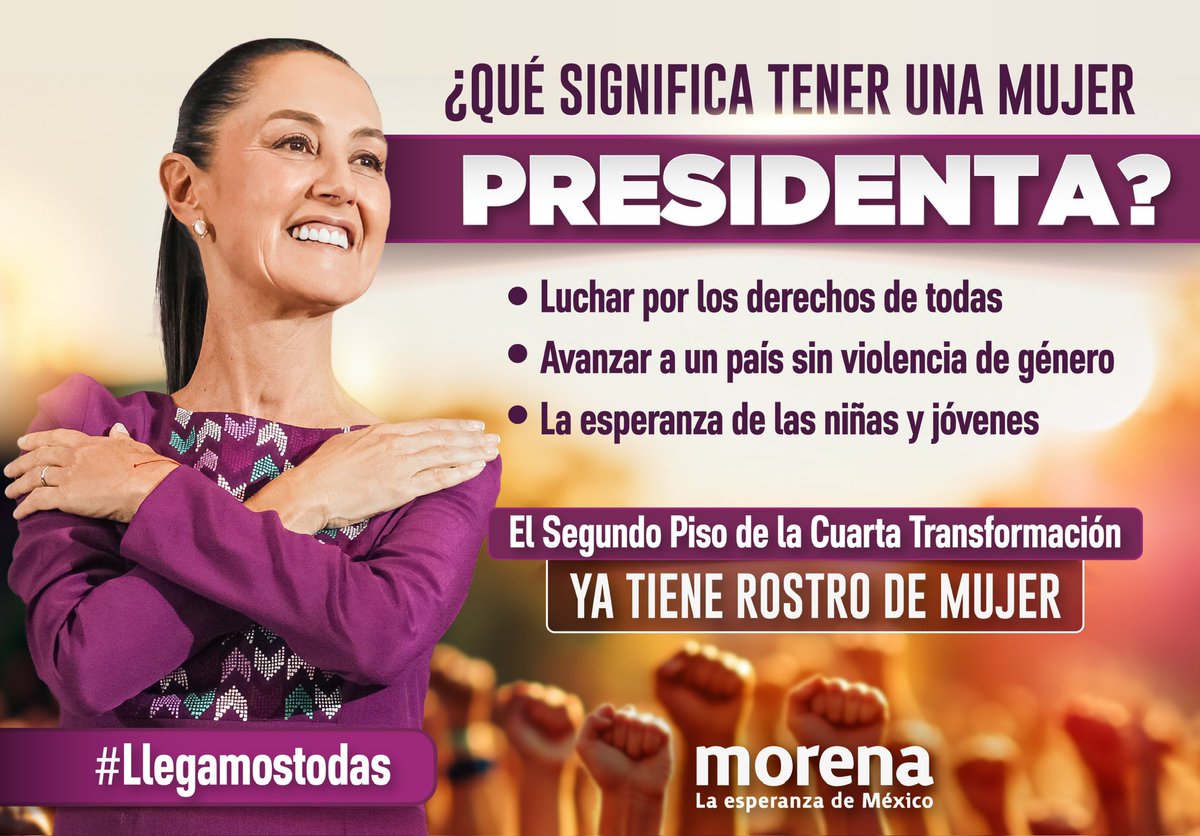 La Cuarta Transformación tiene rostro de mujer.

Con <a href="/Claudiashein/">Claudia Sheinbaum Pardo</a>, llegamos todas juntas. 💜