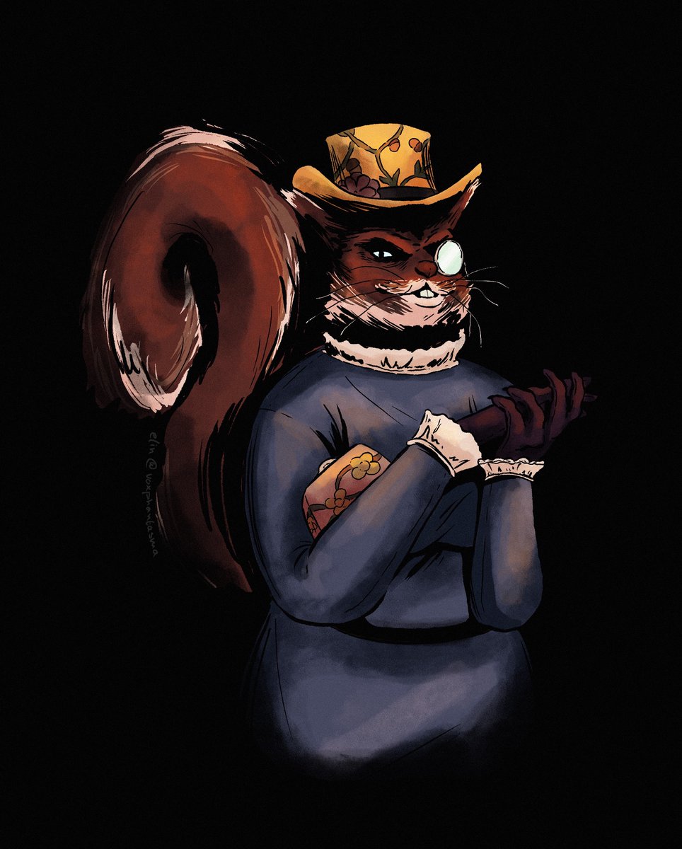 “It’s Ms Bristlebrush who keeps saying, ‘I’m gonna kill all of you!’”
“You hear behind you…” (slow clapping)
Here’s a downright menacing commission from <a href="/voxphantasma/">elin!!</a> of my favorite fakeout from Mice &amp; Murder (got from <a href="/d20afp/">D20 Artists For Palestine 🇵🇸</a> )
#miceandmurder #d20