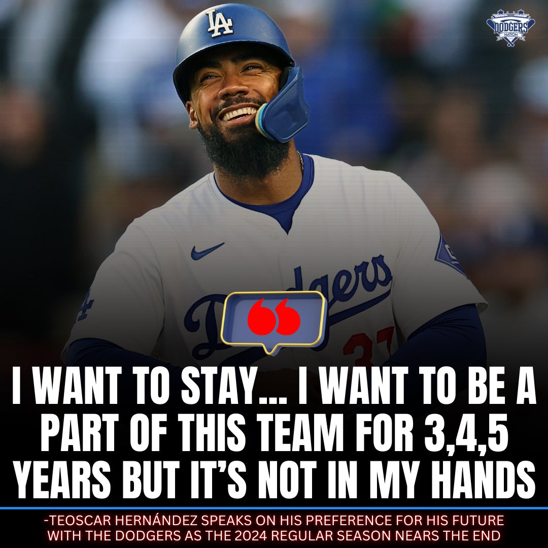 DodgersNation's tweet photo. As the Dodgers regular season comes to an end, Teoscar Hernández is making sure the world knows where he wants to keep playing.

How likely do you think it is that LA will lock up Teo for the foreseeable future? 🤞 https://t.co/CJbjfceT8C