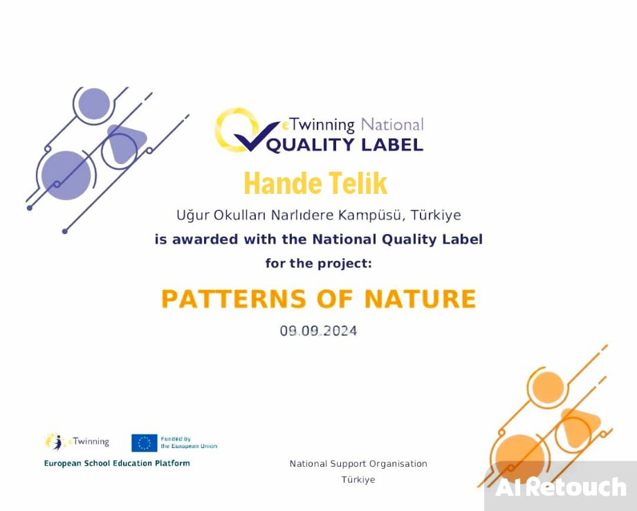 Anaokulu öğretmenimiz Hande Telik, GrowA sınıfı ile yürüttüğü "Doğanın Desenleri" (Patterns of Nature) eTwinning projesi ile Ulusal Kalite Etiketi almaya hak kazanmıştır.
#uğurluolmak💜 
#uğurdabaşarıbirgelenektir🏆