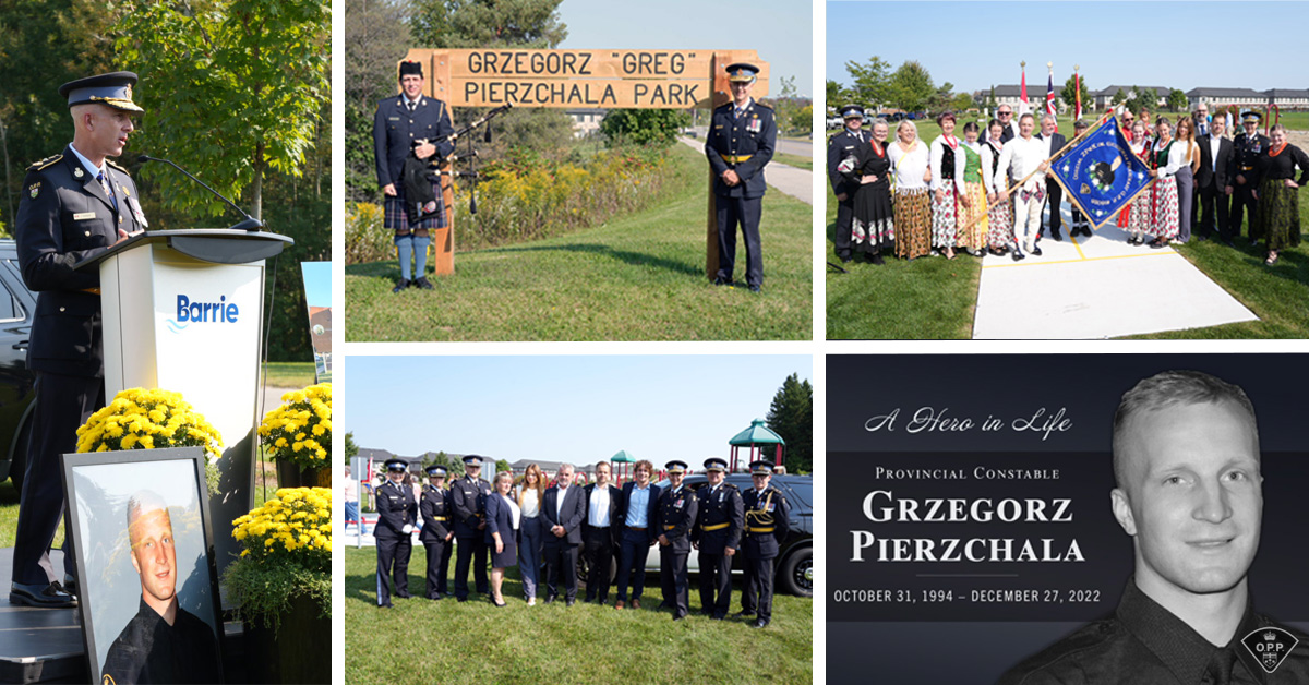Today in the @CityofBarrie, Batteaux Park was officially renamed in honour of #OPP Provincial Constable Grzegorz (Greg) Pierzchala, who was tragically killed in the line of duty while responding to a collision in Hagersville, on December 27, 2022. Before becoming a police