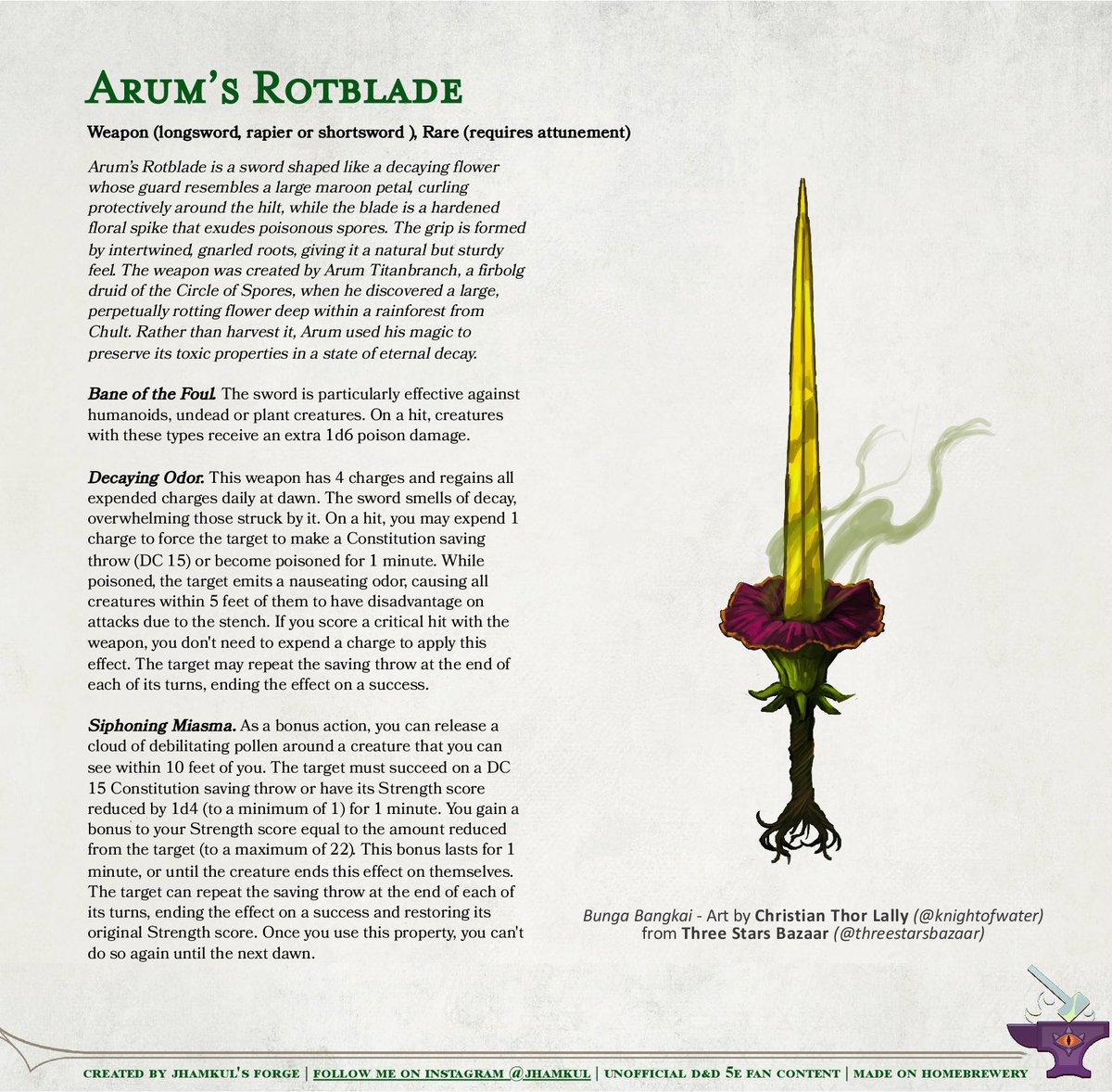 JhamkulSE's tweet photo. Arum’s Rotblade (longsword, rapier or shortsword), Rare (requires attunement)

Day 14: Poison / Prompt list by @faith_schaffer

✨Art provided by @threestarsbazaar✨

A useful weapon to wield, but I also a smelly one…

#dnd #dnd5e #dndhomebrew #swordtember #swordtember2024 https://t.co/ERsvb48Ta3