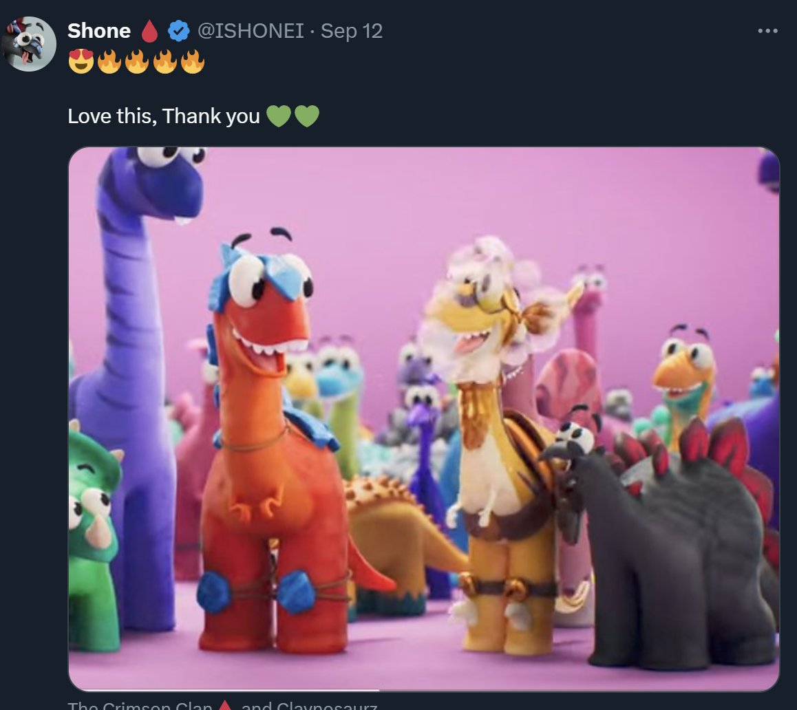 One of the coolest parts of Claynosaurz from a tech &amp; content POV: the claynos we use in content are the exact same assets as the original collectibles / NFTs. 

When you feature in our reels, commercials, shorts, that's quite literally YOU &amp; your collectible on camera. It's the