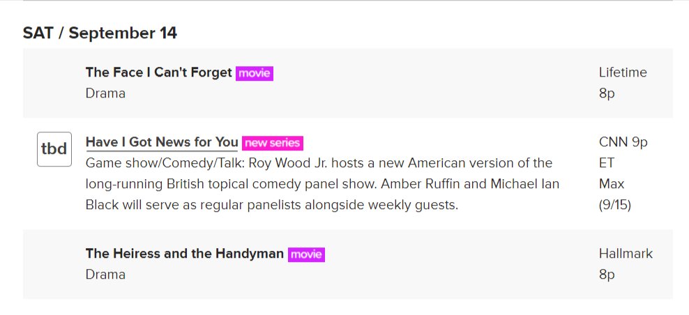 BrightlyAgain's tweet photo. #tvshow #tvviewing #shows PREMIERE DATES FOR NEW AND RETURNING SHOWS AND SPECIALS
From: SAT / September 14 - SUN / September 22
https://t.co/0sNDA9JmHQ https://t.co/KYptG9oLf5