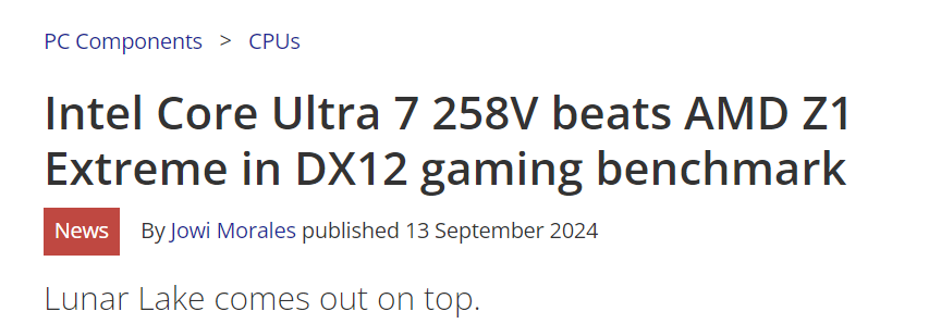 IanCutress's tweet photo. Version 1: AMD Z1 Extreme beats Intel Lunar Lake!
Version 2: Intel Lunar Lake beats AMD Z1 Extreme.

I'm surprised someone was allowed to press post. 
Not even a correction noted on the newest version. https://t.co/LMAvUDdVgJ