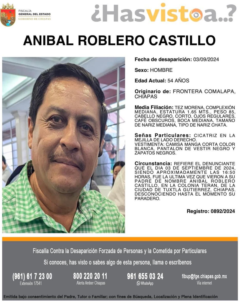 isain's tweet photo. Alberto Rolblero, hijo del desaparecido alcalde electo de #FronteraComalapa pide ayuda para dar con el paradero de su padre, pide a sus captores que lo liberen. 
Señala que su padre se ha dedicado al servicio de su comunidad y que ahora espera que la comunidad le ayude a localizarlo. 
Aníbal Roblero Castillo desapareció el 3 de septiembre pasado, luego de que un grupo armado lo sacara por la fuerza del estacionamiento de una cafetería al poniente de #TuxtlaGtz #Chiapas.