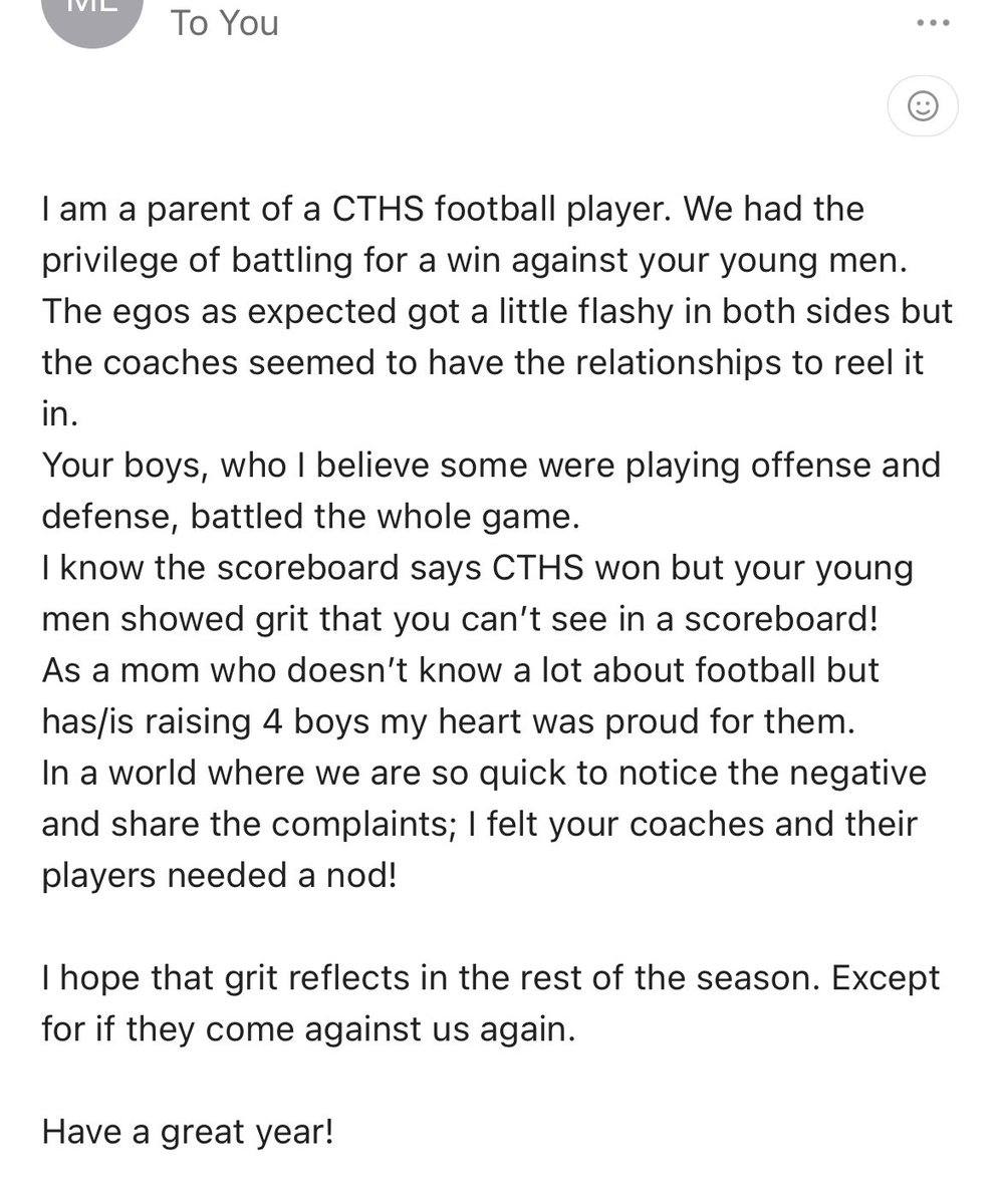 AGallegosEdD's tweet image. Last night after our game against @CTHS_RangersFB I received an email from a @ChisolmTrailHS parent. It’s not very often that I get emails like this #ClassAct @ODWyattFWISD @OdwyattFB @FWISDAthletics @ChrisjBarksdale @TBrownEducator @amramsey13