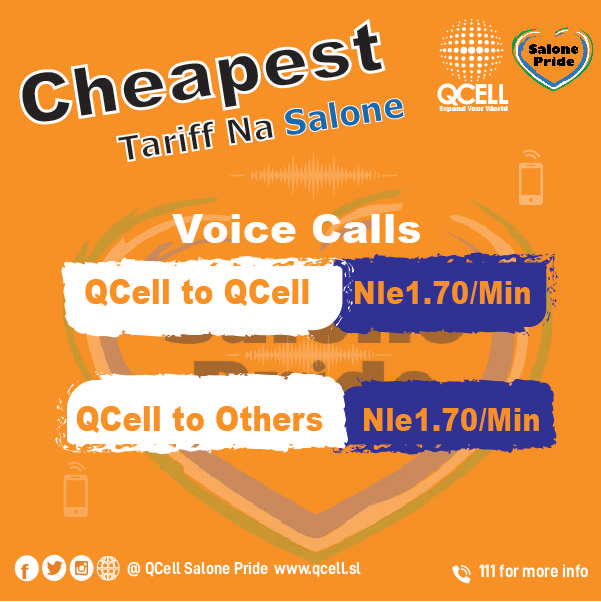 QcellSL's tweet photo. The Cheapest Tariff na Salone!
Enjoy On-net and Off-Net calls today for just NLe 1.70per min. Talk more and spend less.
https://t.co/lZG9rZfR0L
#QCellSL
#SalonePride
#Innovate
#Inspire
#Cheapestnetwork https://t.co/YYr9pp2u8c