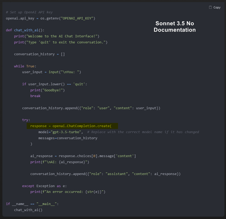 I noticed an interesting limitation with the new O1 and O1-mini models: they're not using the correct route for their API calls, even when provided with the proper documentation.

Tested it with the following prompt:

"Using the documentation below, create a Python CLI interface