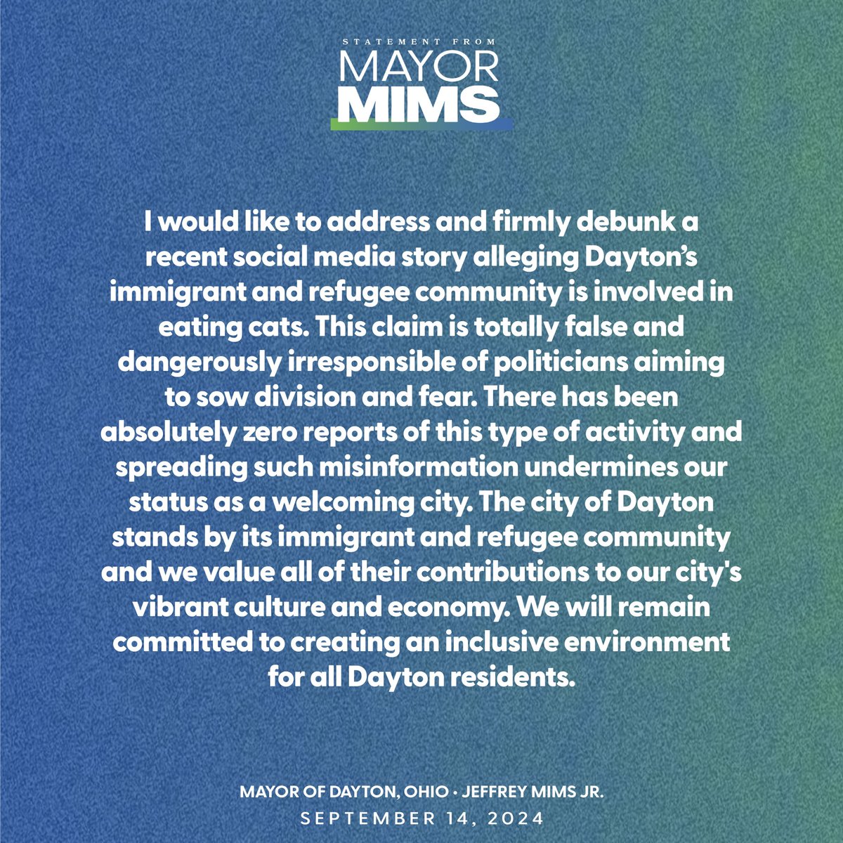 MayorMims's tweet image. My statement on the baseless claims on social media regarding Dayton’s immigrant and refugee population eating pets.