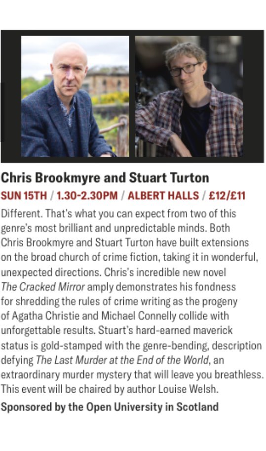 📚 TheFirstElevenMinutes 📚 (@koolard) on Twitter photo Some tickets still available for the final <a href="/BloodyScotland/">Bloody Scotland</a> panel of 2024.
bloodyscotland.com/event/stuart-a…
<a href="/cbrookmyre/">Chris Brookmyre</a> <a href="/stu_turton/">Stu Turton</a> Some tickets still available for the final <a href="/BloodyScotland/">Bloody Scotland</a> panel of 2024.
bloodyscotland.com/event/stuart-a…
<a href="/cbrookmyre/">Chris Brookmyre</a> <a href="/stu_turton/">Stu Turton</a>