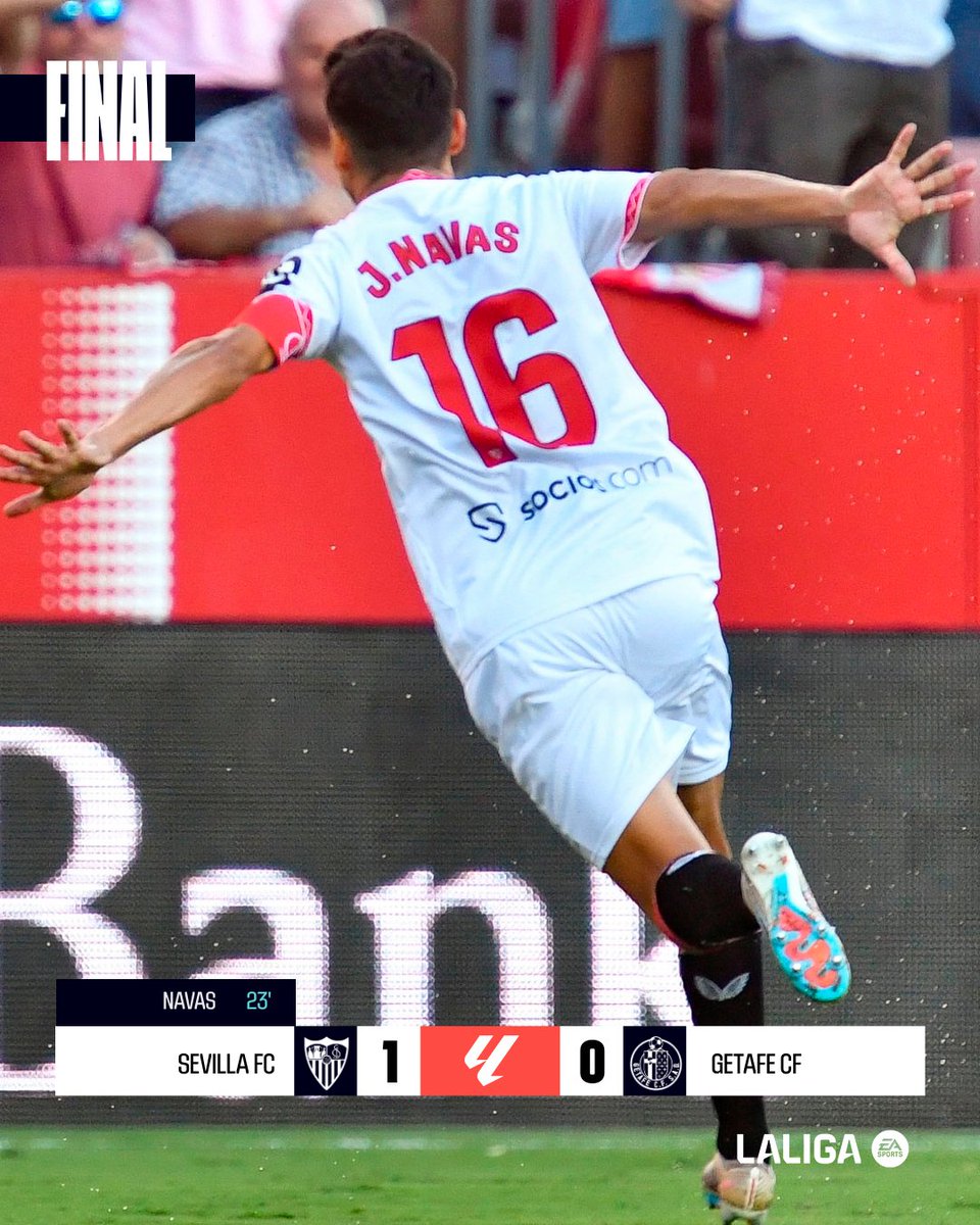 LaLiga's tweet photo. FINAL #SevillaFCGetafe 1-0

❤️ ¡El gol de @JNavas da al @SevillaFC su primera victoria de la temporada!

#LALIGAEASPORTS https://t.co/5NeeSFZ16v