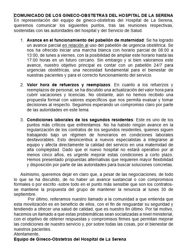 A continuación, compartimos un comunicado enviado por los médicos que trabajan en el Servicio de Ginecología del <a href="/HospitalSerena/">Hospital de La Serena</a>: