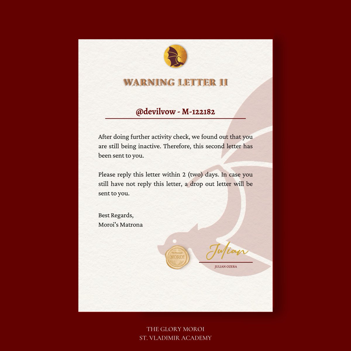glorymoroi's tweet image. ㅤ

𝐖𝐀𝐑𝐍𝐈𝐍𝐆 𝐋𝐄𝐓𝐓𝐄𝐑 𝐈𝐈
Issued on September, 15.

Dearest, @devilvow — M-122182

Please respond to this letter within the next 48 hours or a drop out letter will be sent to you.

Cc: @Sir_JOzera @attrazt @naturkl @VladimirDatum

ㅤ