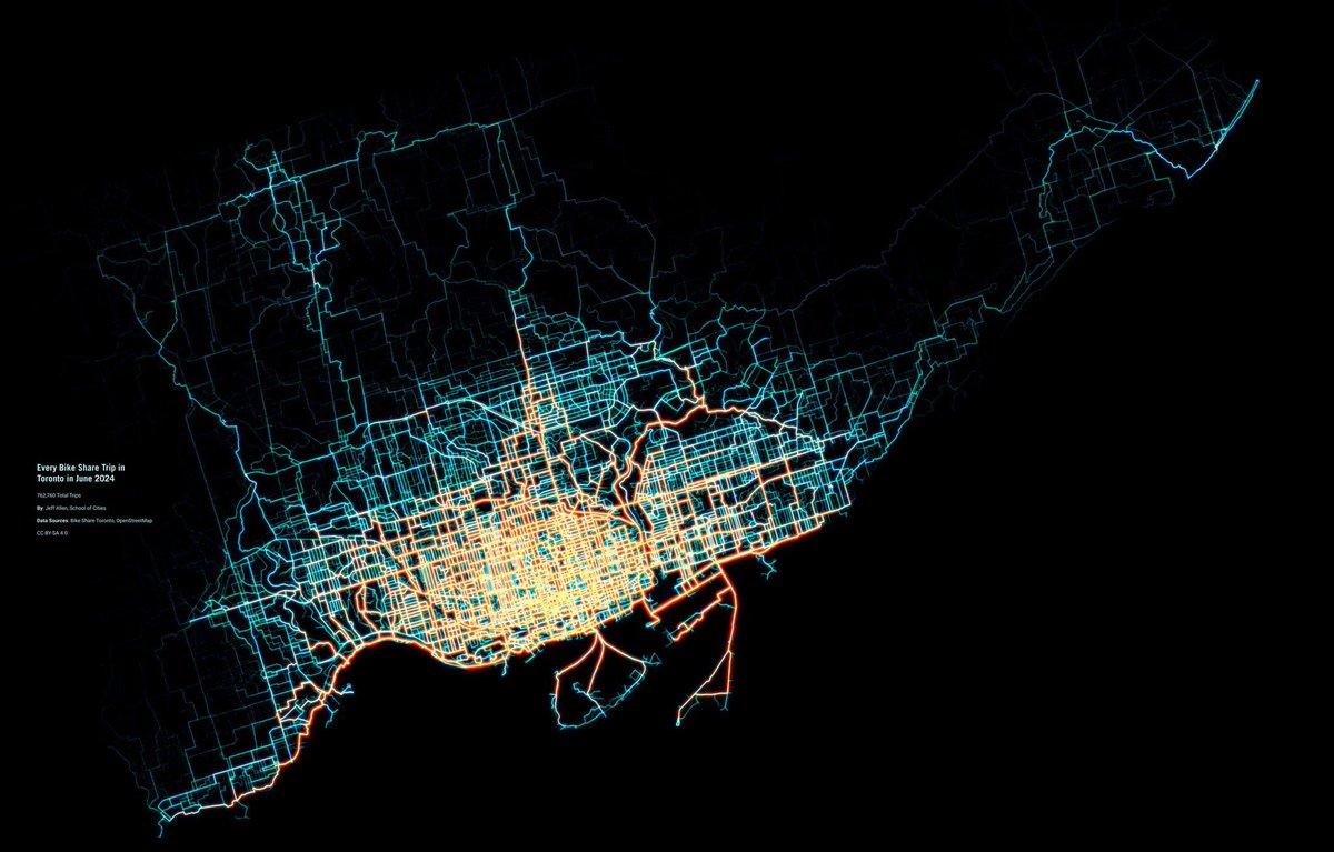 Amazing map of every one of the over 760,000 Toronto Bikeshare trips from June 2024.