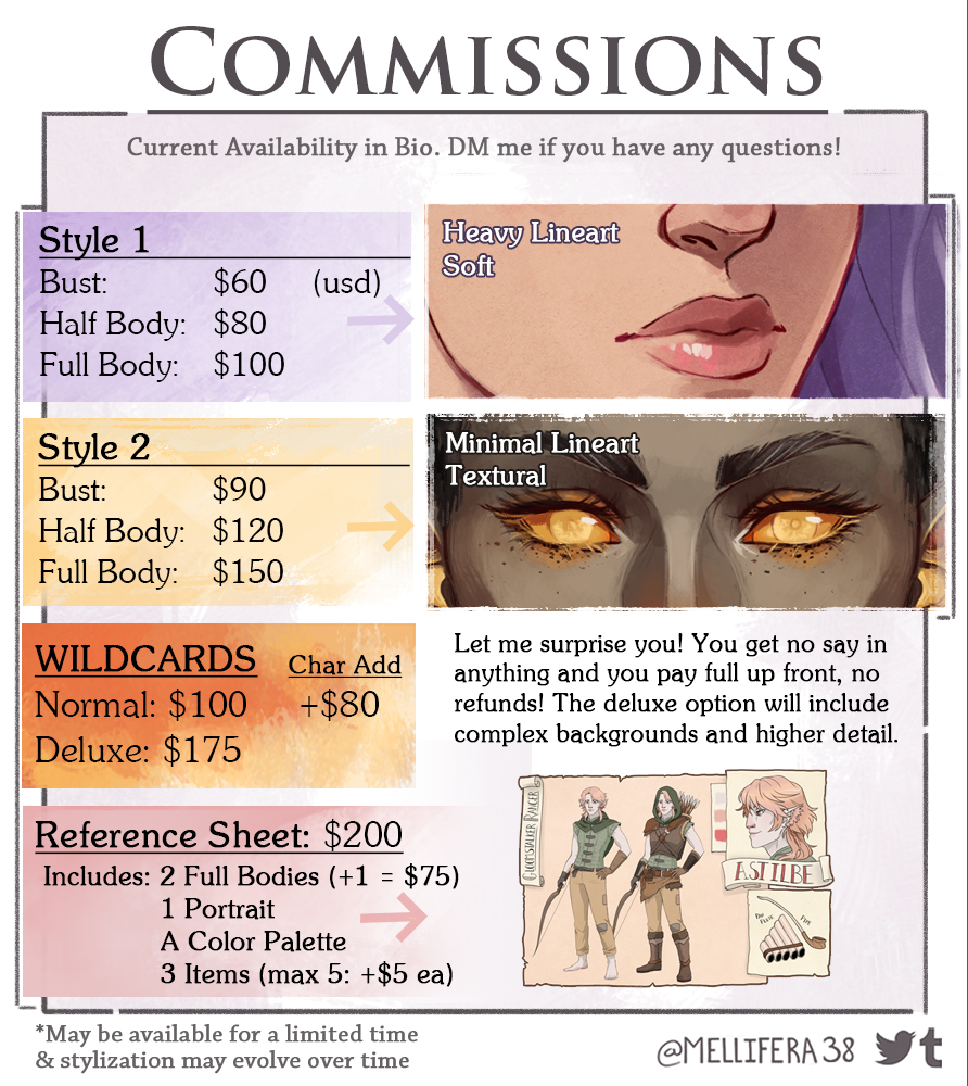 Mellifera38's tweet photo. Hello! 💃I'm back with an updated Commission Sheet! Things are mostly the same, except now I am offering two different kinds of Wildcards, and also I've removed the Expression Sheet option and added a new Character Reference Sheet option! 🧵-> https://t.co/sn9ouxWqw6