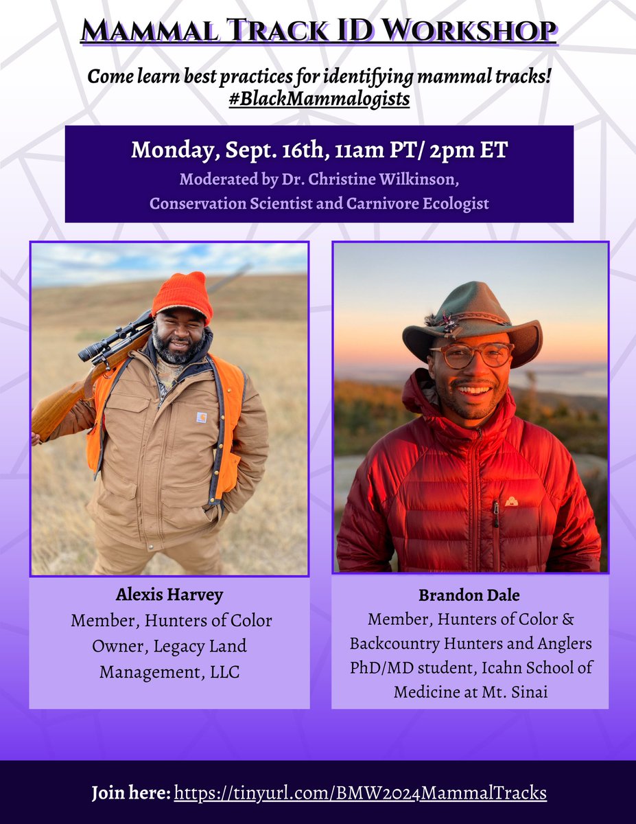 BlkMammalogists's tweet photo. 🚩 TOMORROW!! 

The first live streamed, interactive events of #BlackMammalogists Week!

➡️Mammal Track ID Workshop w/ @HuntersOfColor: 11am PT

➡️ Conservation Tech Speed Dating w/ @WildlifeAcoust @freaklabs @T4Cinc @FieldKitOrg @conservify &amp; WildTrax: 3pm PT

RT &amp; be there! https://t.co/kMkhY86EUR
