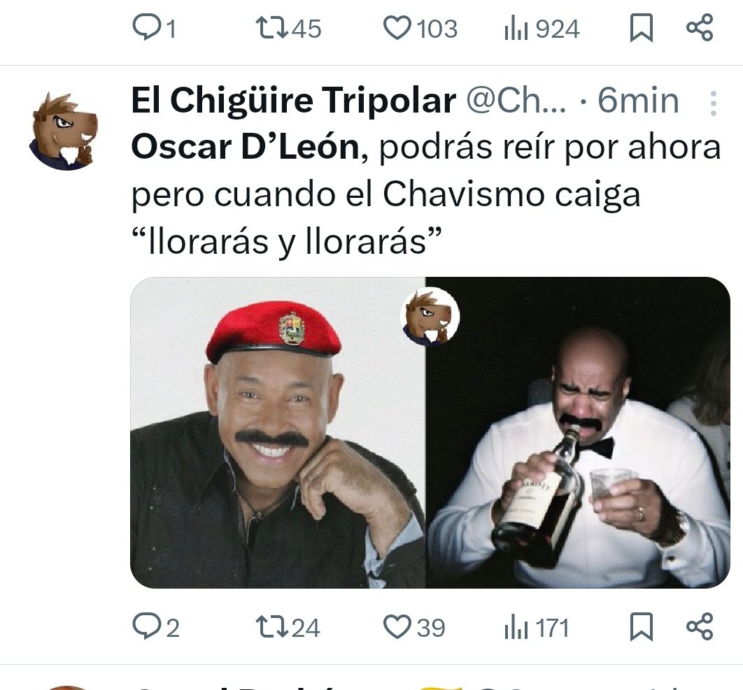 OliverRivasP's tweet image. Enterándome que este fascismo de baja ralea también ataca al maestro Oscar D León porque no habló mal de Venezuela, como a Yulimar Rojas.

Que le sigan jalando al Rey de España éstos que en su miserable vida han logrado nada.

La venezolanidad les queda grande.

#ULTIMAHORA