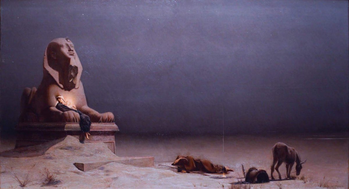rolvatore's tweet photo. Rest on the Flight into Egypt (1879)
By
Luc-Olivier Merson (1846-1920)

The painting displayed is “Rest on the Flight into Egypt” by French artist Luc-Olivier Merson, completed in 1879. It depicts the Holy Family, with Joseph, Mary, and the Christ Child, during their flight from King Herod’s decree to kill all newborn boys in Bethlehem. The scene is set in a desolate, starlit night, providing a quiet moment of repose against a backdrop featuring an ancient Egyptian sphinx, symbolizing the old religions giving way to the new Christian era.

The central figure of the Virgin Mary, cloaked in a serene blue, rests between the paws of the sphinx, holding the Christ Child, whose divine light illuminates the composition. Joseph is depicted asleep, stretched out beside them. The inclusion of the sphinx adds a layer of historical depth, contrasting the fleeting safety of the family against the permanence and decay of ancient civilizations.

The painting is known for its subdued, moonlit color palette, primarily in blues and grays, creating a contemplative and solemn atmosphere. The use of chiaroscuro enhances the mystical aura surrounding the child, highlighting the divine presence amidst the ruins of the old world.

This artwork, held in high regard for its symbolic depth and artistic execution, represents a significant piece of Merson’s oeuvre, showcasing his blend of historical and religious themes rendered with academic precision. It reflects both a spiritual and cultural journey, bridging diverse epochs and geographies through its evocative use of Christian and ancient Egyptian iconography.