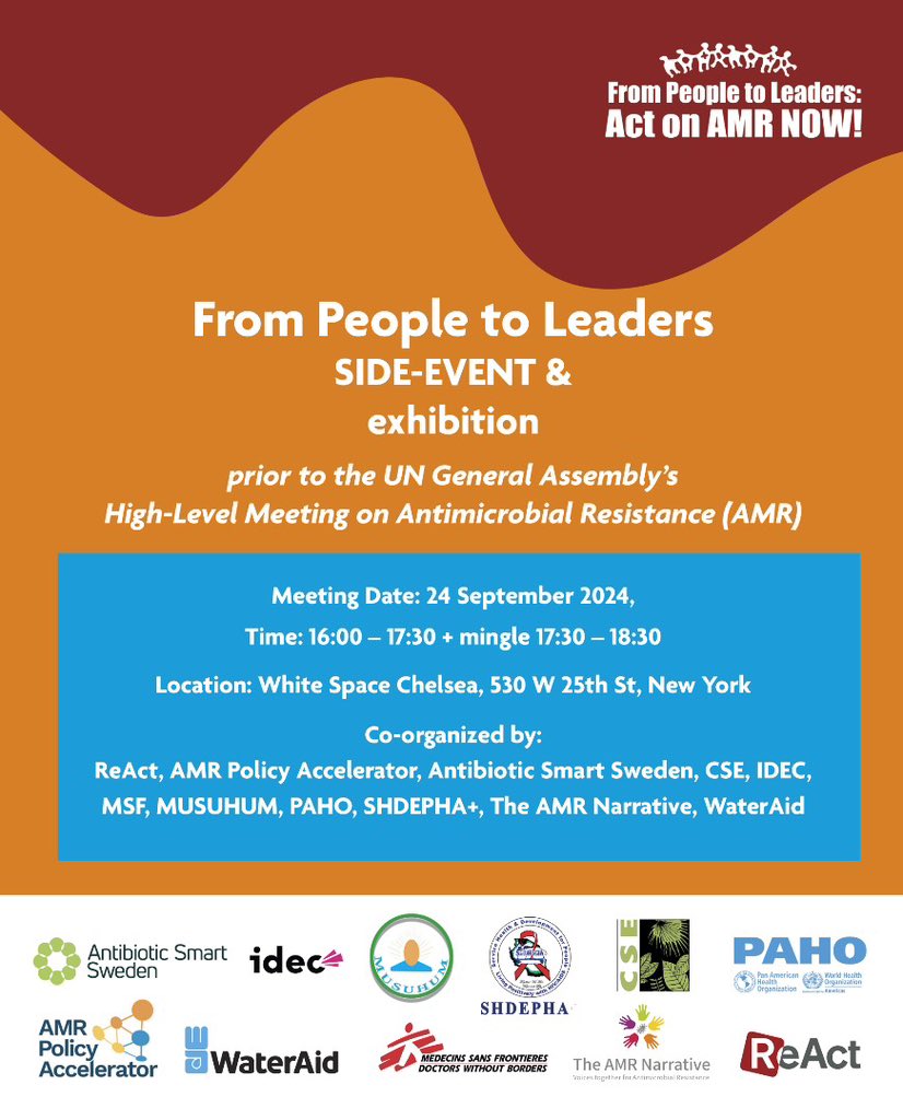 _SHDEPHA's tweet photo. Join Us for “From People to Leaders” – A Civil Society and Communities Side Event and Exhibition on Antimicrobial Resistance (AMR)
📅 **Date:** September 24, 2024  
🕓 **Time:** 4:00 PM – 6:30 PM ET  
📍 530 W 25th St, New York
🔗 [Register here](https://t.co/NTbfoHMb4N) https://t.co/td3t6AXrA3