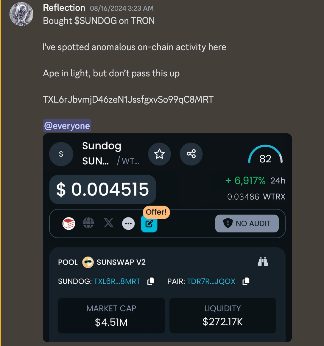 0xReflection's tweet photo. I called $SUNDOG at $4.5M mc in my closed discord

Now it's trading at $350M

It's 77x from my first call

Soon I will giveaway 300 FREE spots

Make sure to turn on notifs and follow me

This might be ur last chance to get access👇