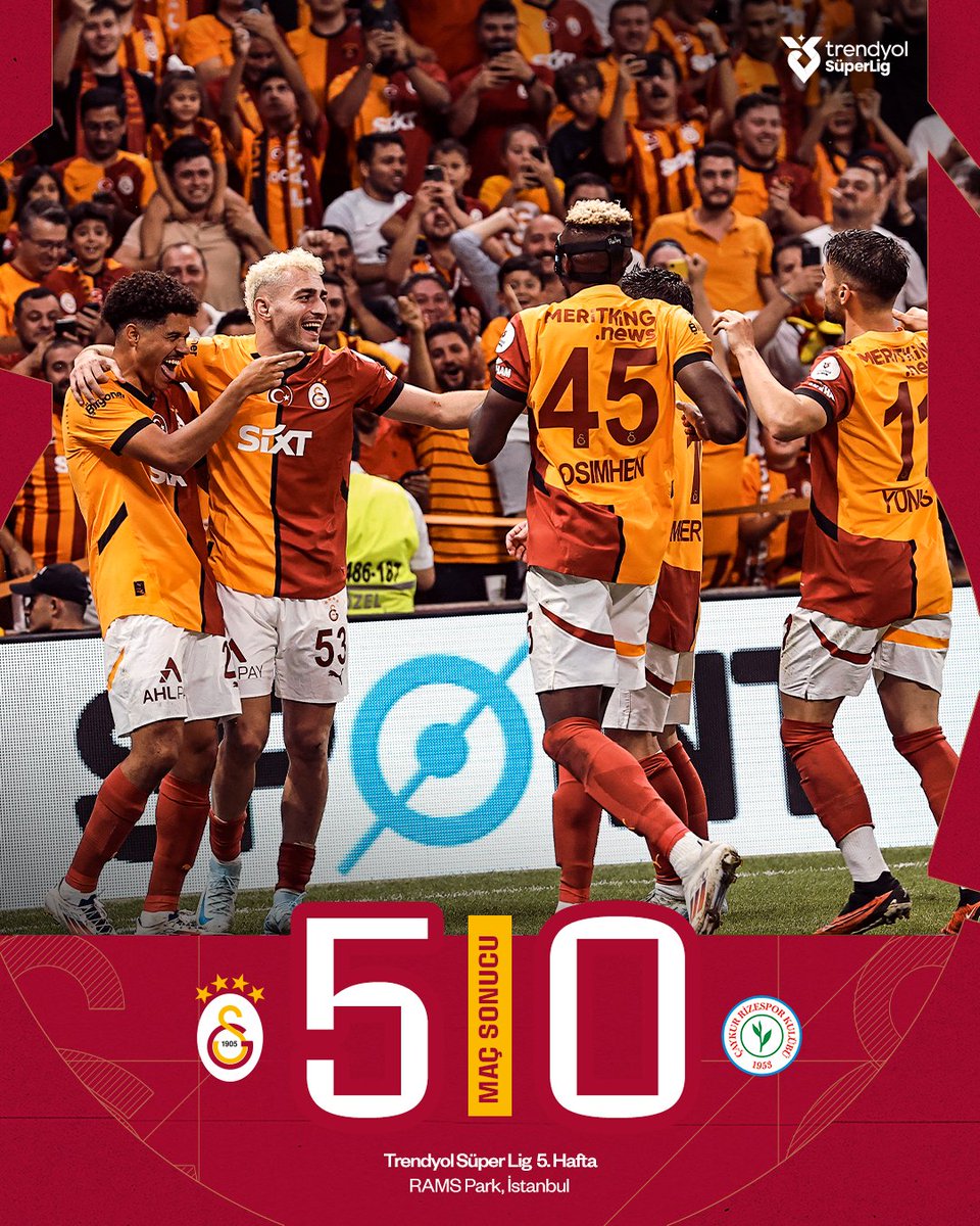 Trendyol Süper Lig’de yolumuza 4’te 4 ile devam ediyoruz! 💪

Maç sonucu: Galatasaray 5-0 Ç. Rizespor 👏

#GSvRİZ