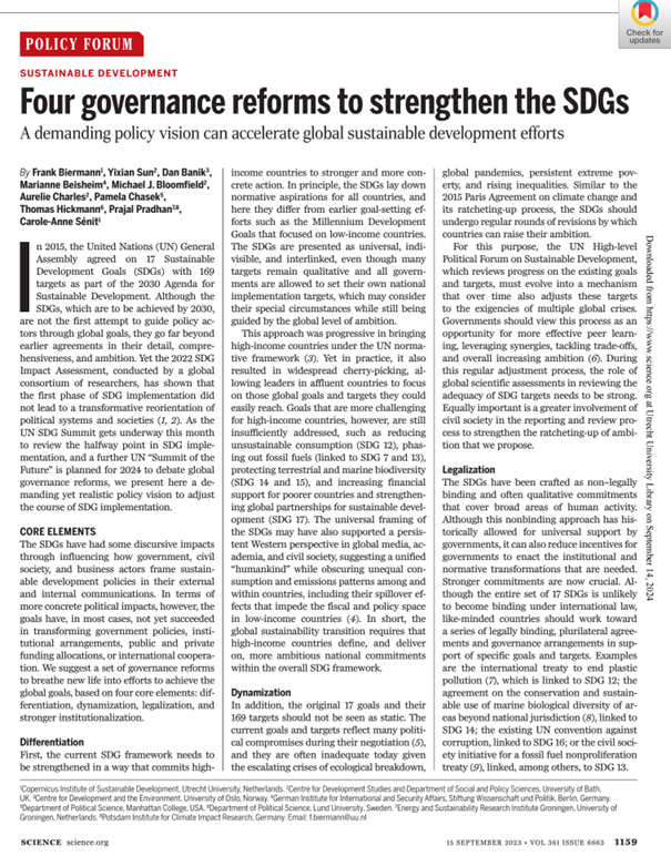 🚨 Just in time for the UN Summit of the Future #UNSummit2024, our latest publication in Science is now available for full open access: 

“Four Governance Reforms to Strengthen the SDGs.” 

Free download: science.org/doi/10.1126/sc…

#SDGs #Governance #SummitOfTheFuture #GlobalGoals