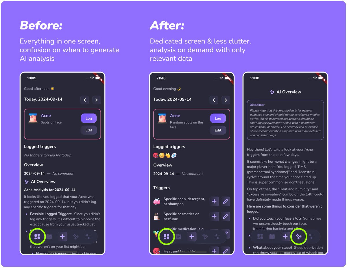 dariadroid's tweet image. AI analysis of the logged conditions and triggers is the most important feature of @trigger_journal. Initially, we planned to show it under the condition log, for every calendar day. 
But we quickly run into questions: should we re-generate the overview for every trigger log?…