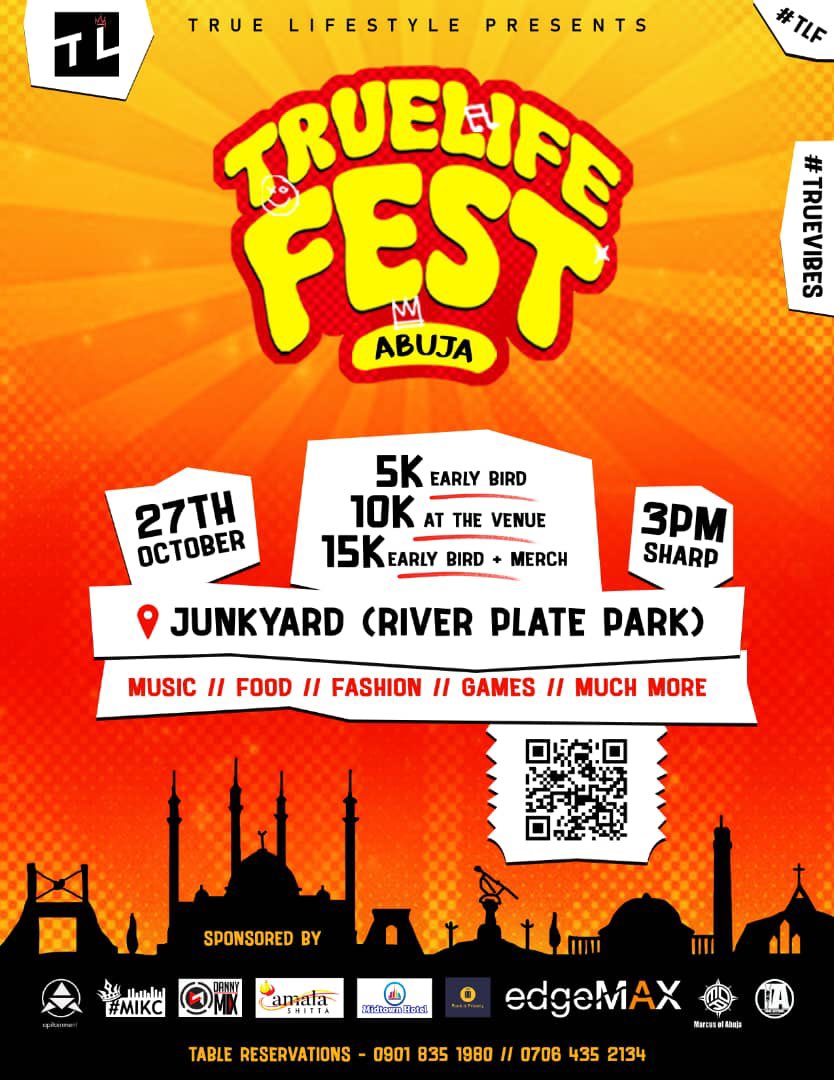 True lifestyle presents the maiden edition of TRUE LIFE FEST, live in the heart of ABUJA!!!
Pure music, good vibes, great entertainment 
#TRUEVIBES #TLFABUJA
#TLFOCTOBER #TLF2024

Tickets: apitix.com/product/true-l…

Info &amp; inquiries: truelifefest@gmail.com