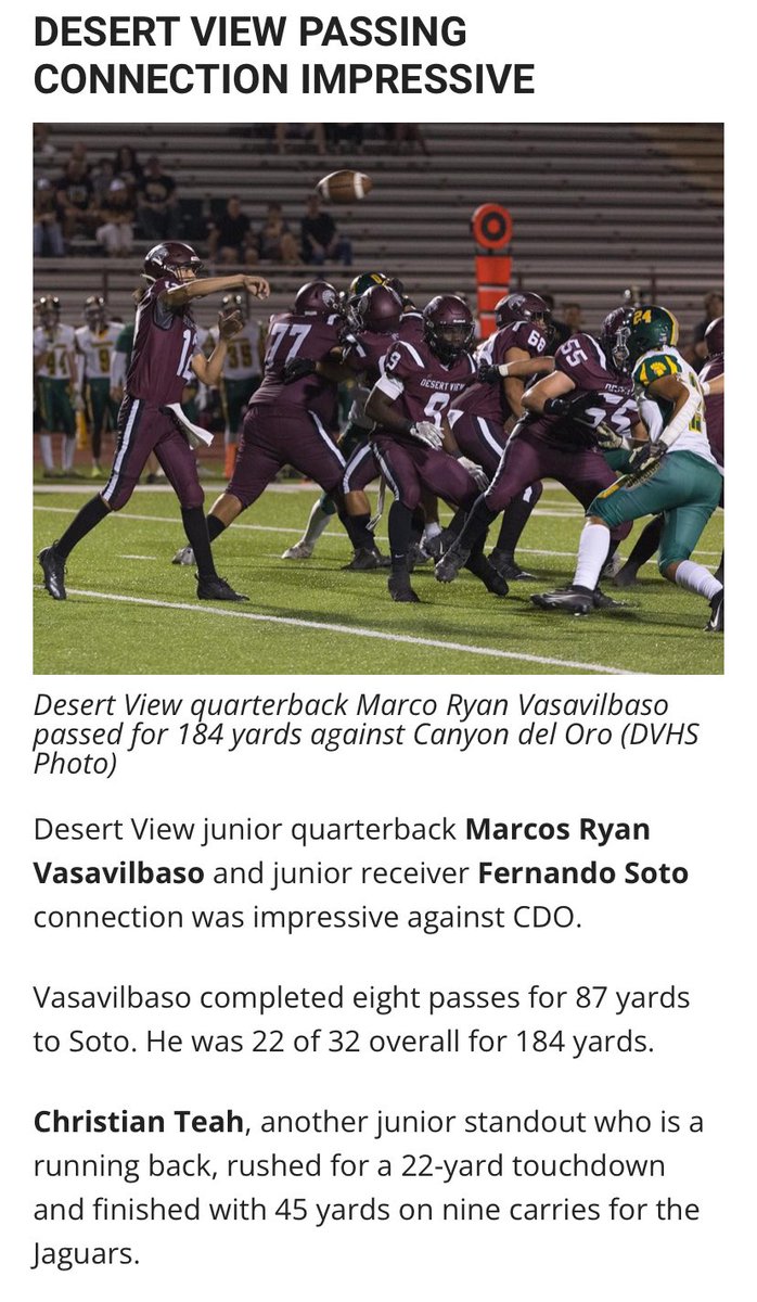 Ryan Vasavilbaso (@ryanvasa_12) on Twitter photo Thank you for the notice from <a href="/AllSportsTucson/">AllSportsTucson.com</a> <a href="/JavierJMorales/">Javier Morales</a> Thank you for shouting out my teammates Fernando Soto#88, Christian Teah#9, and I #12. Go Jags!! <a href="/DESERTVIEW_FB/">Robert Bonillas</a> <a href="/DesertViewFB/">Desert View Football</a>
<a href="/TreyAndersonQB/">Trey Anderson</a> Thank you for the notice from <a href="/AllSportsTucson/">AllSportsTucson.com</a> <a href="/JavierJMorales/">Javier Morales</a> Thank you for shouting out my teammates Fernando Soto#88, Christian Teah#9, and I #12. Go Jags!! <a href="/DESERTVIEW_FB/">Robert Bonillas</a> <a href="/DesertViewFB/">Desert View Football</a>
<a href="/TreyAndersonQB/">Trey Anderson</a>