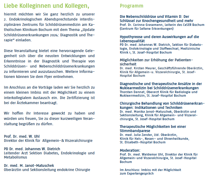 drjwdietrich's tweet photo. Einladung zur 2. Endokrinologischen Abendsprechstunde "Up-to-date Schilddrüse 2024" am 25. September 2024.
#Schilddrüse #Nebenschilddrüse #Hypothyreose #Schilddrüsenchirurgie #Syndrom_T #SORSHOT
https://t.co/5CXz794rOI https://t.co/Q4mX6Y4rTw