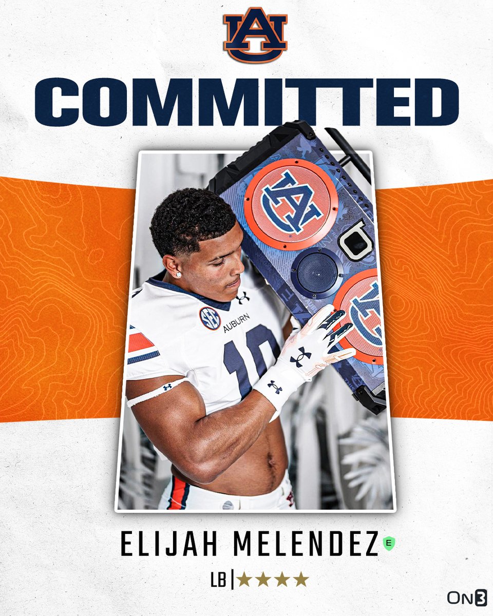 On3 Recruits (@on3recruits) on Twitter photo 🚨BREAKING🚨 4-star LB Elijah Melendez has committed to Auburn🦅
Melendez decommitted from Miami last month.
More from <a href="/ChadSimmons_/">ChadSimmons</a>: on3.com/news/4-star-lb… 🚨BREAKING🚨 4-star LB Elijah Melendez has committed to Auburn🦅
Melendez decommitted from Miami last month.
More from <a href="/ChadSimmons_/">ChadSimmons</a>: on3.com/news/4-star-lb…