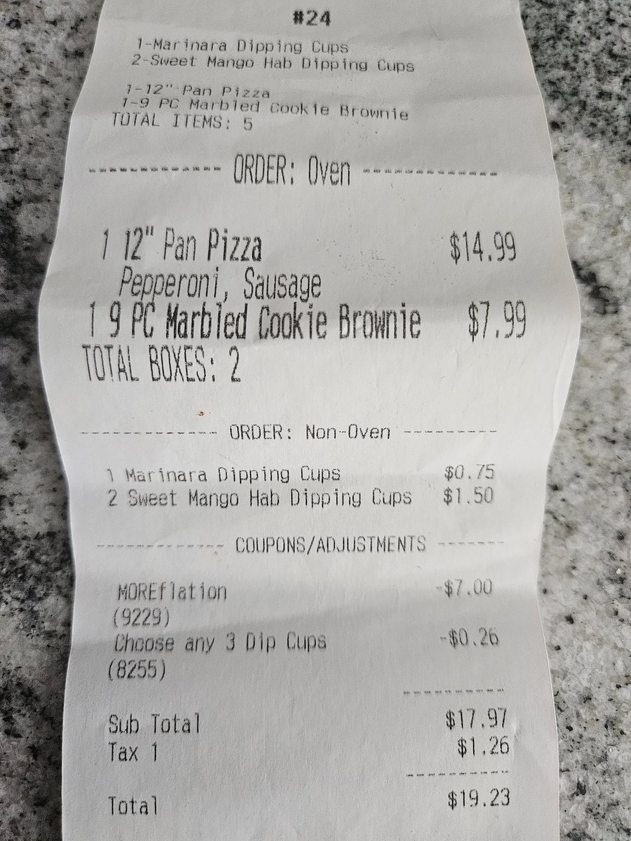 pcpostman's tweet photo. @dominos if you are going to offer a deal, might want to make sure the stores know the deal. Tried to take advantage of Moreflation offer but wasn't obvious on receipt so they didnt make it that way. Shows on online ordering but small print on actual receipt. Pizza got was good! https://t.co/Fye325O6lD