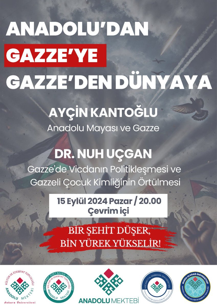 Gazze'de yaşanan katliamlar devam ederken Anadolu Mektebi öğrenci toplulukları olarak Gazze’ye bigane kalmıyor ilgimizi, dikkatimizi, odağımızı Filistin’de Filistin’le tutmaya devam ediyoruz. 

Program YouTube üzerinden de canlı takip edilebilecektir.

youtube.com/live/hJ-Ko6XDq…