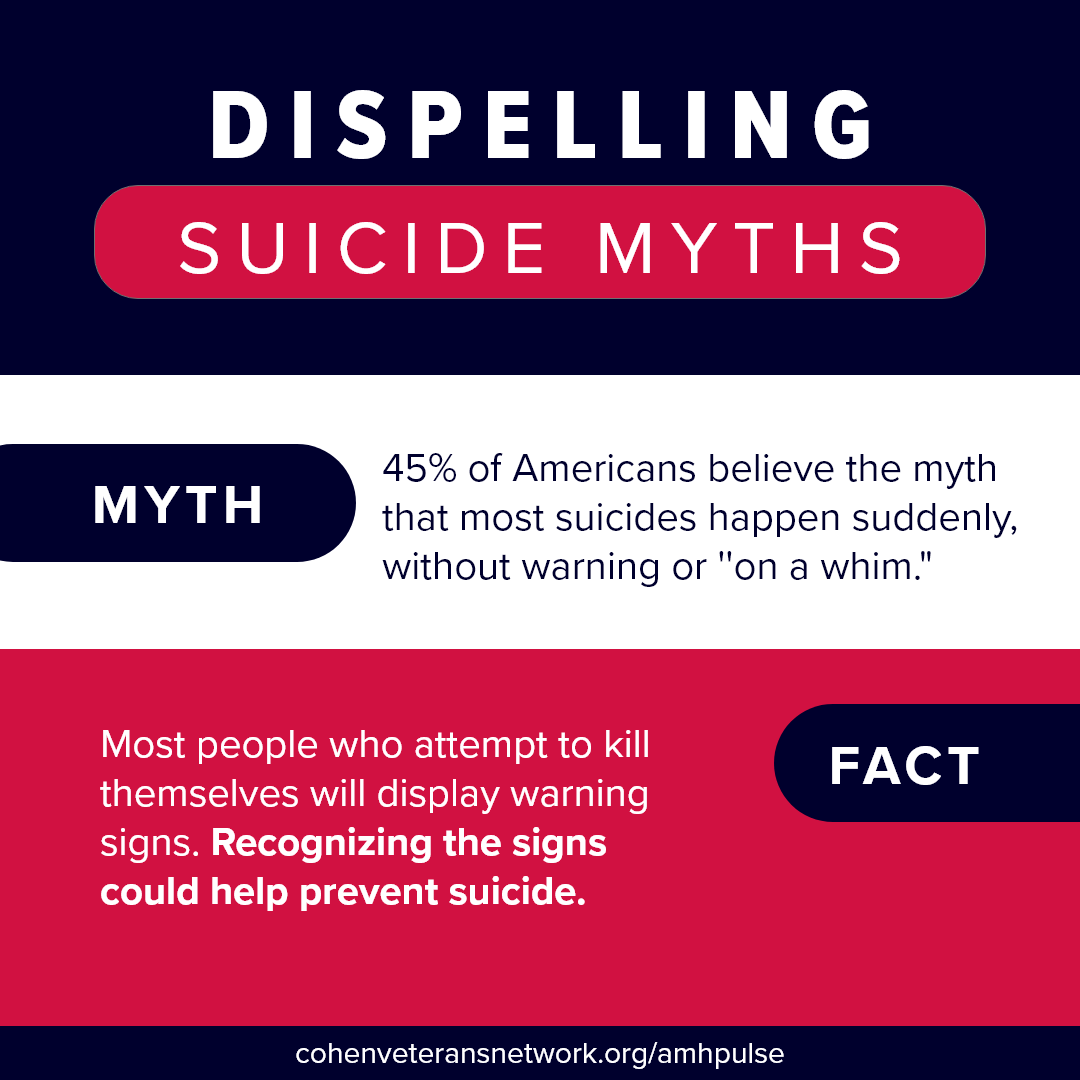 Stigma associated with suicide is a significant barrier to treatment. On the CVN Blog, we're addressing common myths and misconceptions that stand in the way of suicide intervention: cohenveteransnetwork.org/amhsuicide/

#SuicidePrevention