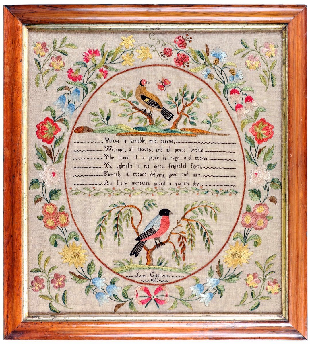 Witney_Antiques's tweet photo. Jane Goodwin's colourful sampler is always a favourite. Vibrant flowers surround a cartouche in which two birds perch on trees. The birds flank an inscription from George Lyttelton's poem "Advice to a Lady, 1731." At the bottom of the cartouche is Jane's name and the year, 1823 https://t.co/gcH2IgYq8D