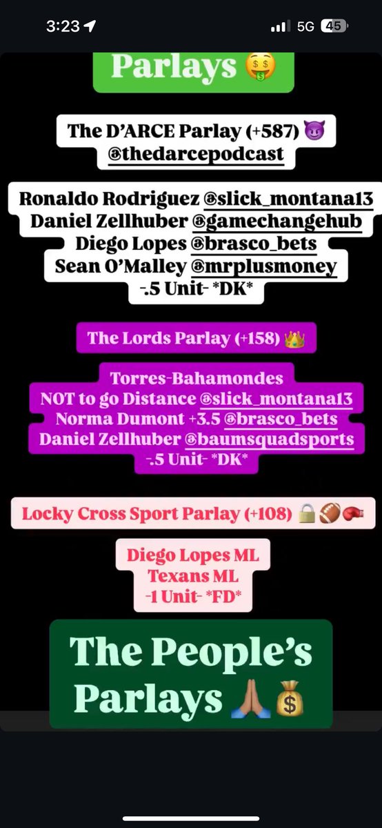 BrascoBets's tweet photo. The People’s Parlays 🙏🏽 @BaumsquadBets @MrPlusMoneyy and a longshot on the first fight of the night just for shits n gigs 🤷🏽‍♂️ Odds are absurd! 🇲🇳 #NocheUFC https://t.co/0sdNyIKxMh