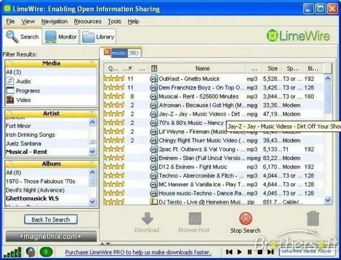 LIMEWIRE, Kazaa, Napster, Bearshare.. The good old days, when it took half an hour to download an MP3 🙆