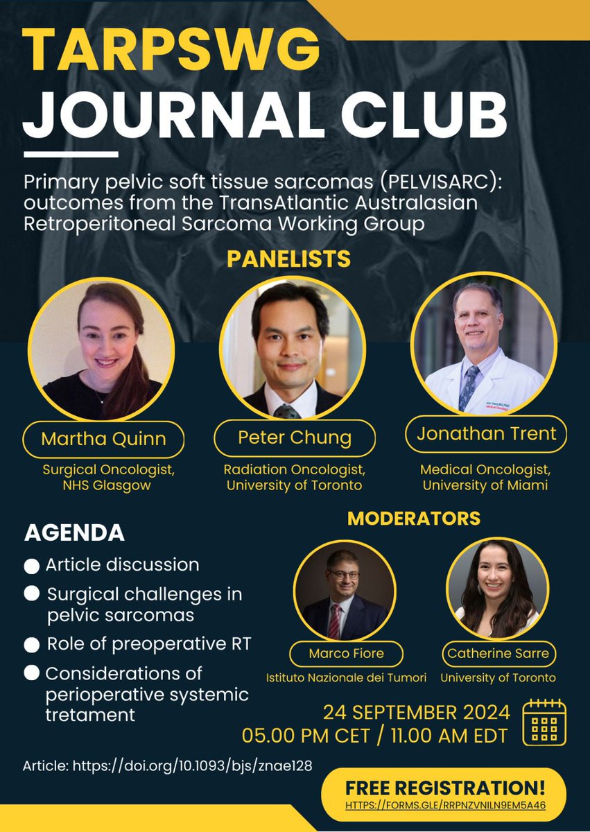 TARPSWG (@tarpswg) on Twitter photo Join us for #TARPSWG Journal Club on pelvic soft tissue #sarcoma! 🚨
🗓 24 September 2024, 5:00 PM CET
🔍 Article discussion, treatment challenges, and more with expert panelists! <a href="/BJSurgery/">BJS</a> <a href="/ctosociety/">CTOS</a> <a href="/ESSOnews/">European Society of Surgical Oncology (ESSO)</a> <a href="/SocSurgOnc/">Society of Surgical Oncology</a>
📍Free registration: forms.gle/RRPRZVNLIN9EM5… Join us for #TARPSWG Journal Club on pelvic soft tissue #sarcoma! 🚨
🗓 24 September 2024, 5:00 PM CET
🔍 Article discussion, treatment challenges, and more with expert panelists! <a href="/BJSurgery/">BJS</a> <a href="/ctosociety/">CTOS</a> <a href="/ESSOnews/">European Society of Surgical Oncology (ESSO)</a> <a href="/SocSurgOnc/">Society of Surgical Oncology</a>
📍Free registration: forms.gle/RRPRZVNLIN9EM5…