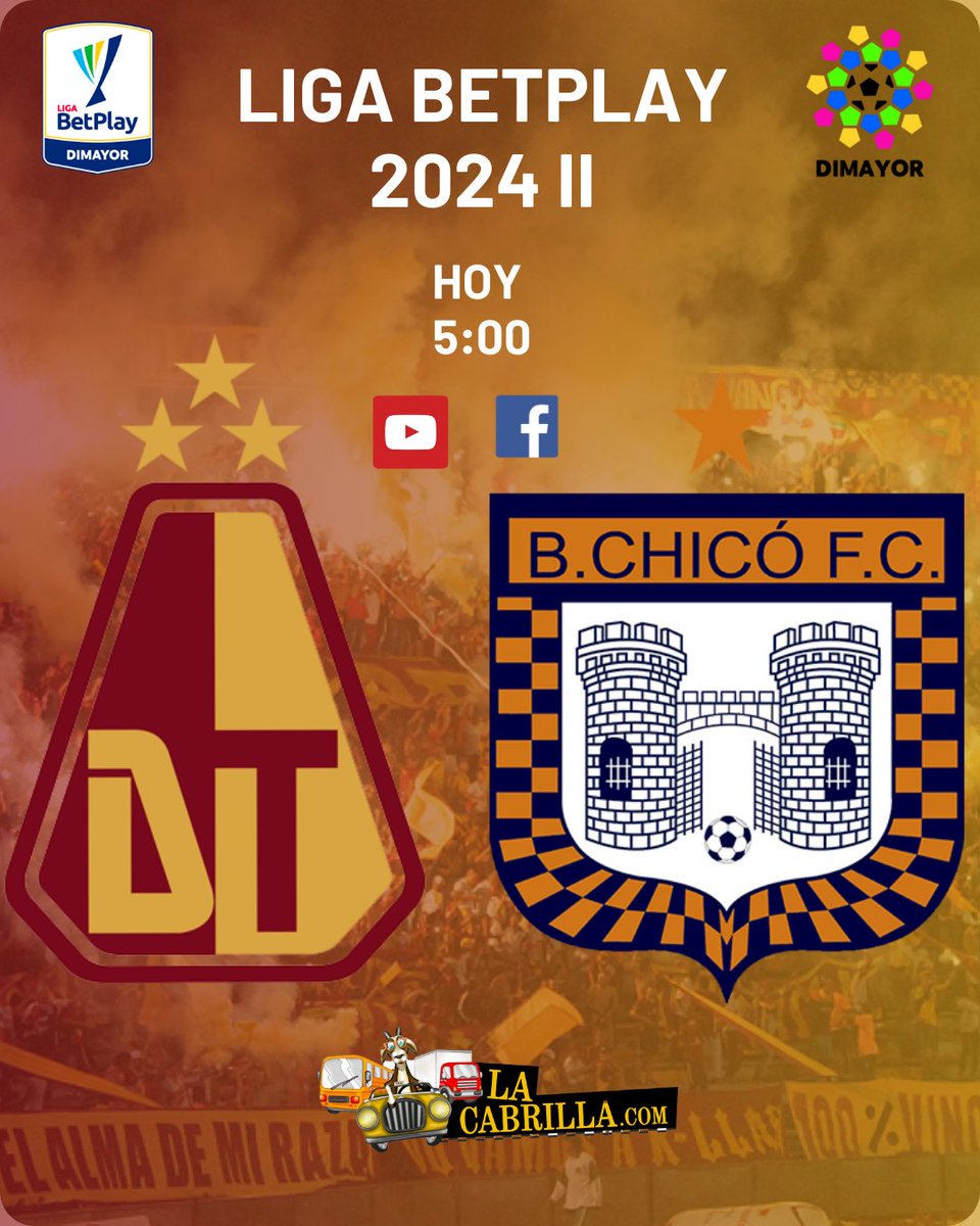 "¡Prepárense para el duelo del fin de semana!
Este sábado, no te pierdas el partido entre @DeportesTolima y @BoyacaChico, en vivo desde las 5 pm.
Sigue la acción en tiempo real a través de:
Facebook: facebook.com/lacabrillacol
Youtube: youtube.com/watch?v=Nv4wJO…
#FutbolColombiano