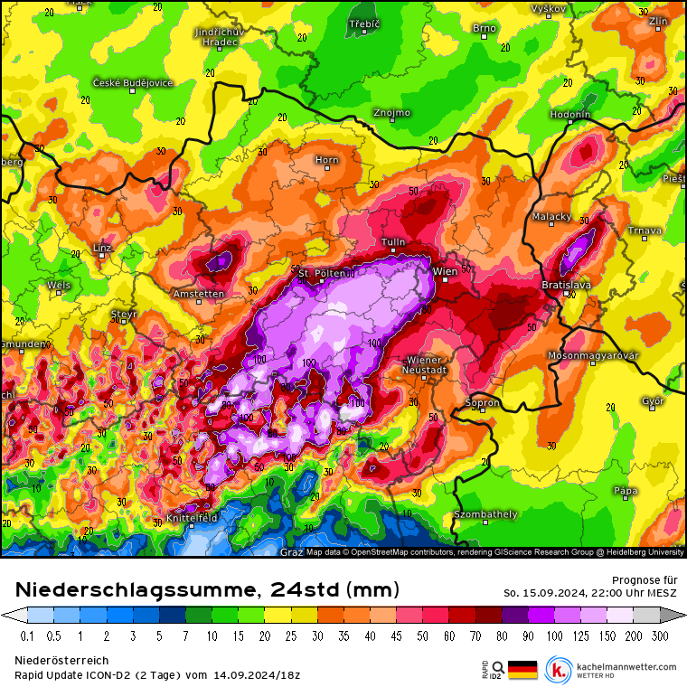Kachelmannwettr's tweet image. Bis Sonntagmittag regnet es sehr kräftig weiter in den schon jetzt betroffenen Gebieten in NÖ. Bis dahin weitere 100 bis 150 mm. Es wird wohl sehr schlimm. Stündlich Regenmengen:
kachelmannwetter.com/de/messwerte/n…
/FR