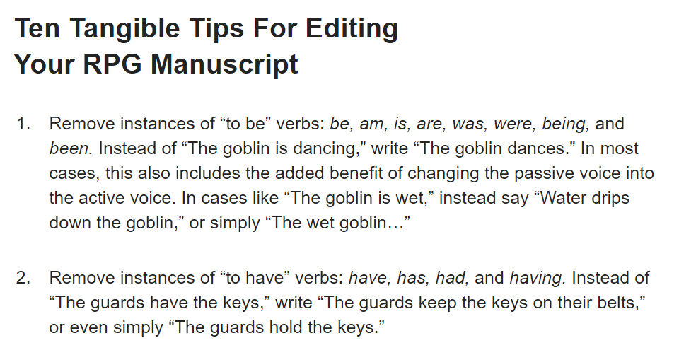 new blogpost! this one's short, just a few of the most common edits I make to edit tabletop RPG book manuscripts