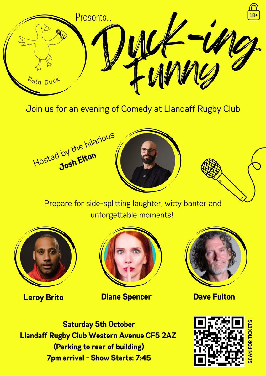 Last night <a href="/robinjaymorgan/">Robin Morgan</a> was on absolute top form. Next up we have an amazing lineup of <a href="/leroybrito/">Leroy Brito</a> <a href="/fulton_dave/">Dave Fulton 🤡</a> <a href="/OnlyJoshing/">Josh Elton</a>  <a href="/dianespencerfun/">Diane Spencer - YouTube & club comedian</a> at <a href="/Llandaff_RFC/">Llandaff RFC</a> on SATURDAY 5th OCTOBER.  This will be a brilliant night!

Tickets available 👇

eventbrite.co.uk/e/duck-ing-fun…